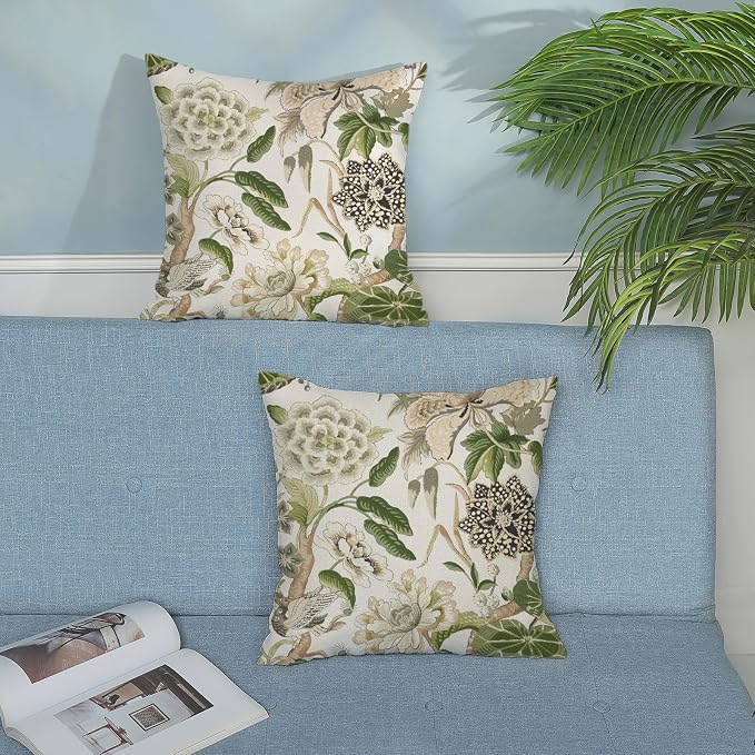 Green Pillow Covers 18x18 Inch Set of 2 Vintage Green Floral Throw Pillows Chinoiserie Flower Decorative Pillow Cases Outdoor Linen Farmhouse Cushion Covers for Couch Sofa Decorations