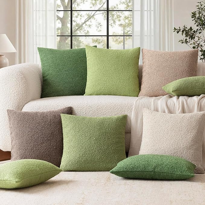 Foindtower Set of 2, Decorative Textured Boucle Throw Pillow Covers Accent Solid Pillow Cases Neutral Cozy Couch Cushion Case for Chair Sofa Bedroom Living Room Home Decor 26x26 Inch Leaf Green
