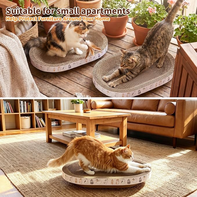 PatiencET Oval Cat Scratcher Bed for Indoor Cats with Catnip | Corrugated Cardboard Pad, Cat Scratching Board for Scratching, Stretching, Playing and Lounging, 17 x 12 Inch