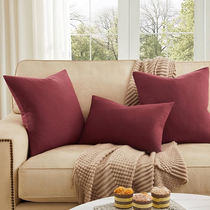 Rustic Linen Throw Pillow Covers Set of 2, Burgundy 16x16in | Textured Pillow Case, Rustic Cotton Linen Fabric, Modern Farmhouse Cushion Covers for Sofa Bed Living Room Home Decor
