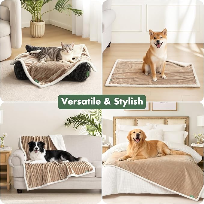 Waterproof Twin Blanket for Bed - Washable Large Dog Blankets for Bed Protector, Thick Cozy Fleece Calming Pet Blankets for Indoors & Outdoors, Linen, 60"x80"
