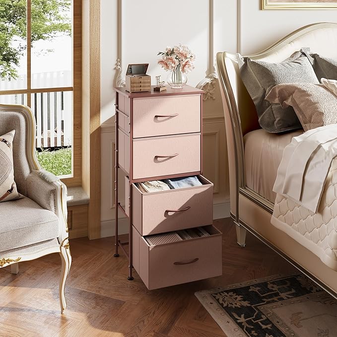 WLIVE Small Dresser Nightstand for Bedroom, 4 Drawers, Pink | 4 vertical fabric drawers, Space-saving tower, Bedroom or closet use, Chest of drawers, Dresser for small spaces