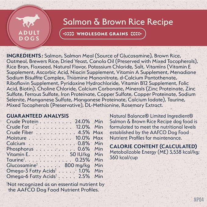 Natural Balance Limited Ingredient Adult Dry Dog Food with Healthy Grains, Salmon & Brown Rice Recipe, 24 Pound (Pack of 1) | Dry Dog Food with Wholesome Grains, Balanced Nutrition for Adult Dogs with Sensitivities, Skin and Stomach Support