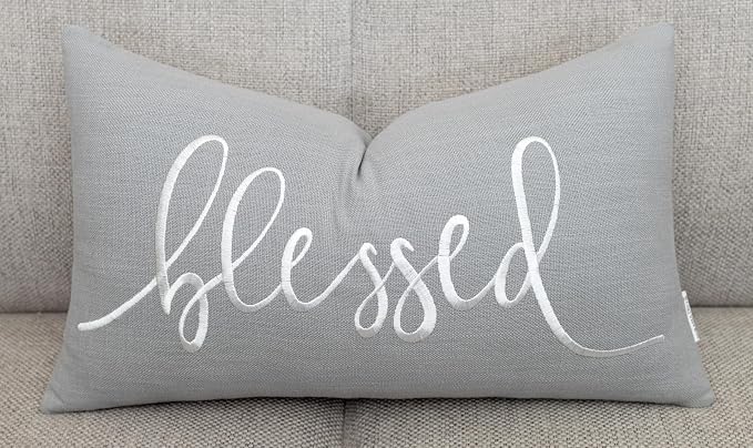 EURASIA DECOR Blessed Embroidered Lumbar Pillow Cover 12x20, Light Grey | Raised ivory script on light grey; scripture faith gift, cotton, hidden zip, solid back, cover only