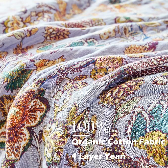 VANJOROY Boho Throw Blanket 60" x 80", 100% Organic Cotton Breathable Ultra Soft Bed Purple Quilt Throw - All Season Luxury Floral Farmhouse Decor Blanket for Sofa Couch Chair and Gift.