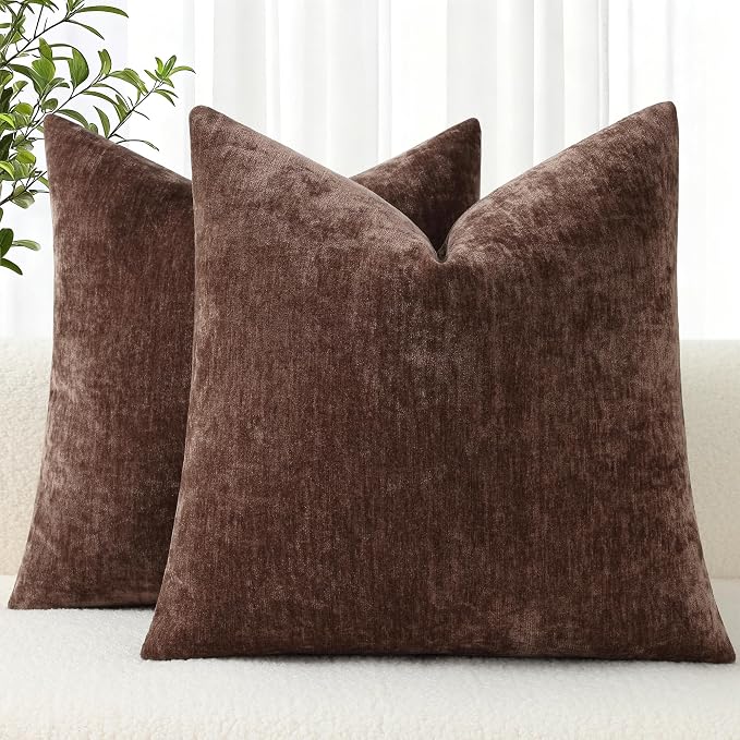 decorUhome Soft Chenille Reddish Brown Throw Pillow Covers 24X24 Set of 2 | Decorative Fall Couch Pillow Covers Solid Dyed Accent Modern Euro Sham Farmhouse Neutral Square Pillow Cases for Sofa