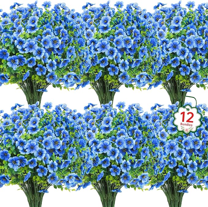 12 Pcs Artificial Flowers for Outdoors Decorations, Blue | Lifelike silk flowers, UV resistant, faux plastic plants, for garden porch window table vase home indoor outdoor decor