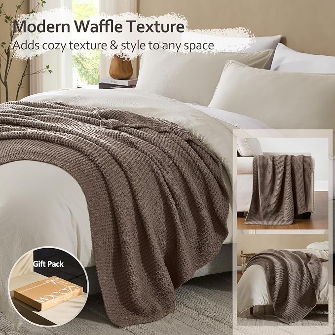 WDCOZY Taupe Waffle Throw Blanket for Couch Bed, Reversible Super Soft Plush Knitted Blanket, Lightweight Cozy Fuzzy Fluffy Warm Throw for Sofa Chair, Textured Blanket for Home Decor, Tan 50"x60"