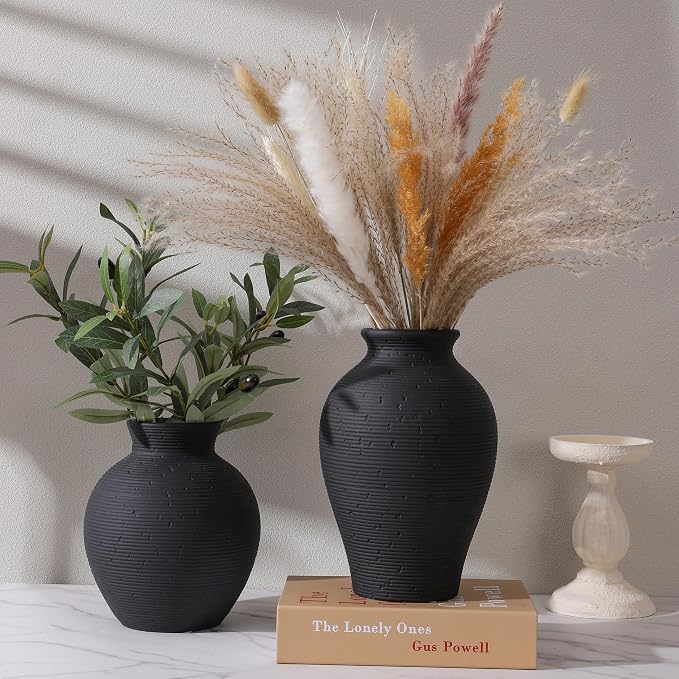 Ceramic Flower Vase Home Decor, 9 in Farmhouse Table Vases Rustic Vintage Living Room Kitchen Bedroom Pottery Decorative Vases for Flowers House Book Shelf Office Coffee Desk Dining Entryway, Black