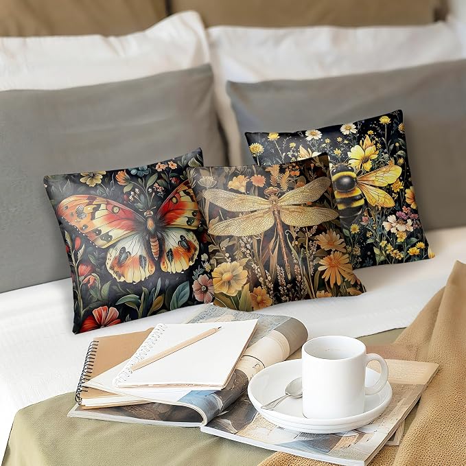 Vintage Dark Dragonfly Bee Butterfly Pillow Covers 18x18 Double-Sided Set of 3,Insect Gifts for Women,Vintage Dark Cottagecore Floral Botanical Insects Decorative Throw Pillow Covers for Home