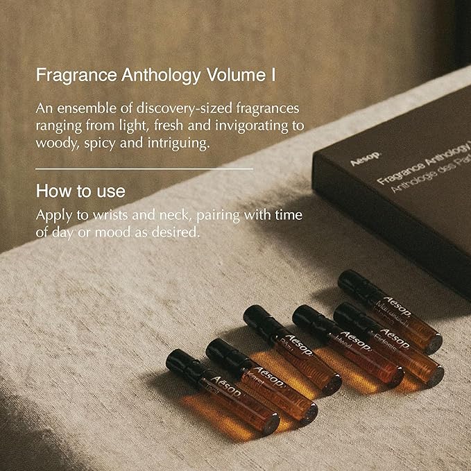 Aesop Fragrance Anthology Volume I | Discovery Set of Eau de Parfums | Featuring Fresh, Woody, Floral, and Spicy Scents | Pack of 6 | 2ml each