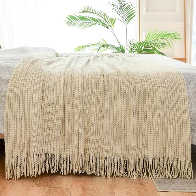 Blagic Knit Throw Blanket for Couch and Bed with Tassels,Off White, 60"x80" | Soft Farmhouse Boho Throw Blanket with Tassels,Decorative for Living Room,Gifts for Adults,All Season Use