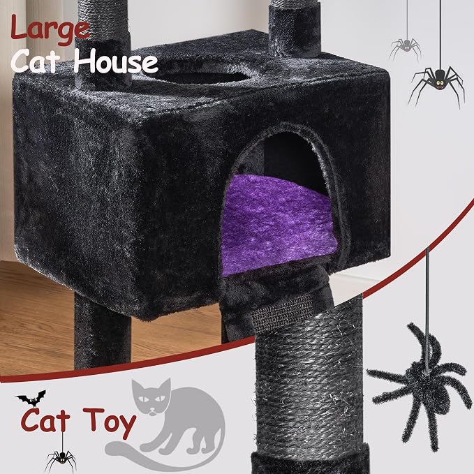 BEWISHOME Cat Tree Tower for Indoor Cats, Gothic Cat Trees with Coffin Bed | Cat Condo Cat House with Scratching Board, Cat Shelves with Spider Toy, Pet Play Activity Center Black with Purple, MMJ95Z