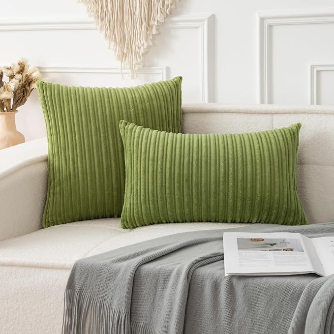 UGASA Decor Soft Solid Velvet Toss Throw Pillow Cover Fashion Striped Decorative Pillow Case Handmade Cushion Cover for Couch, 20x20 inches, 1 Piece, Green