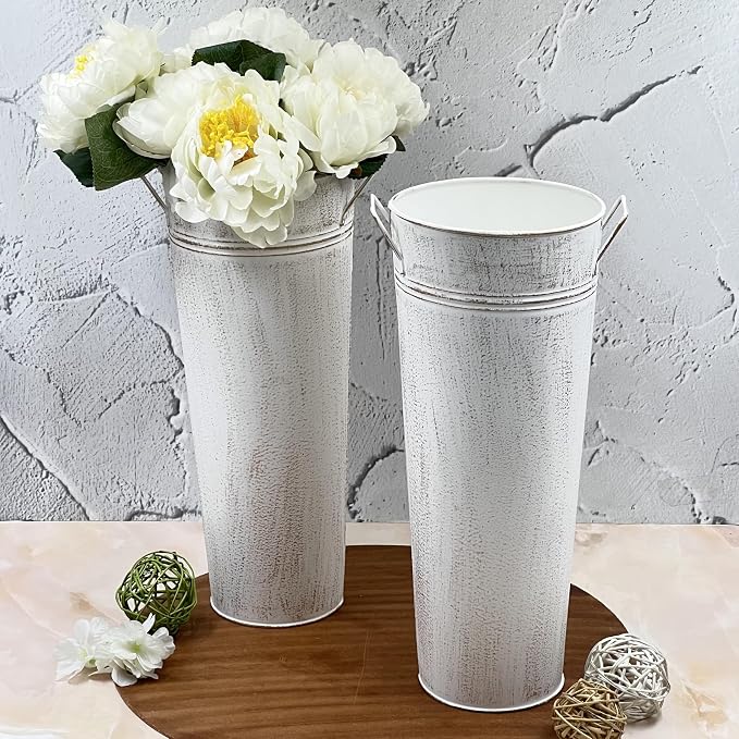Hosley Set of 2 White Metal French Bucket with Handles & PVC Liner, 6" Dia x 15" H for Weddings, Parties, Country Picnics, Floral Arrangements, Tableware Storage, or Gardens - Rustic Farmhouse Décor