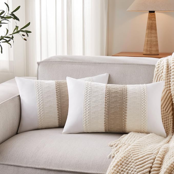 2pk Boho Pillow Covers 12x20, Natural White/Contrast/Taupe | 100% Organic Cotton Body, Stripe Embroidery, Farmhouse Decorative Cushion Covers for Sofa Bed Living Room Home Decor