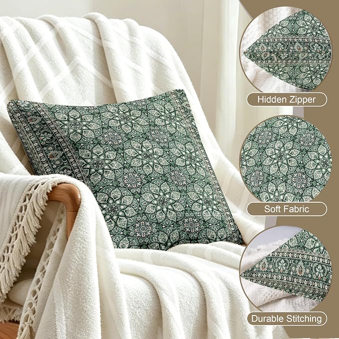 Boho Throw Pillow Covers 18x18 inch Set of 2,Soft Pillowcases Bohemia Carpet Printing Pattern Decorative Sofa Living Room Bed Square Pillow Case Cushion Cover-Green Flower