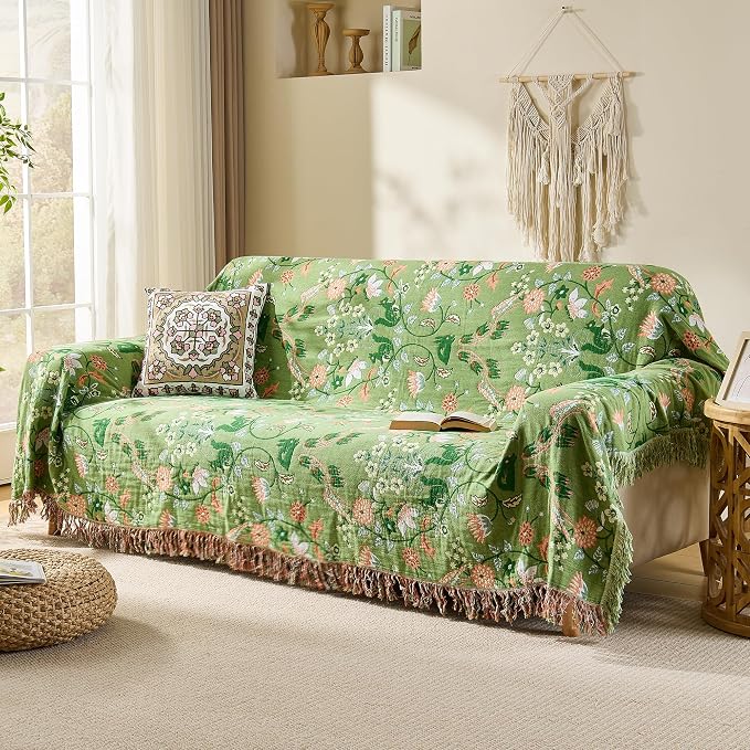 VANJOROY King Boho Throw Blanket, 100% Organic Cotton Breathable Skin-Friendly Ultra Soft 91" x 98" Bed Quilt Green Throw - Floral Rustic Decor Luxury Reversible Blanket for Sofa Couch Chair and Gift