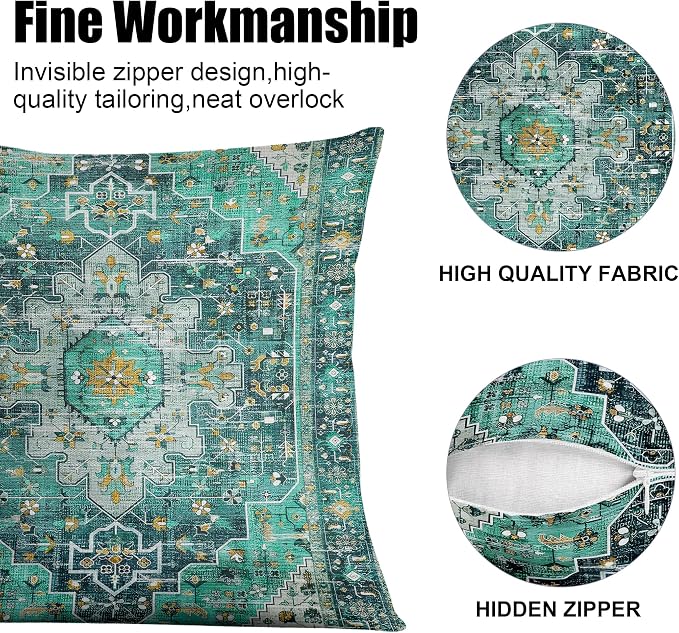Boho Throw Pillow Covers 16x16 inch Set of 2,Soft Pillowcases Bohemia Carpet Printing Pattern Decorative Sofa Living Room Bed Square Pillow Case Cushion Cover-Cyan