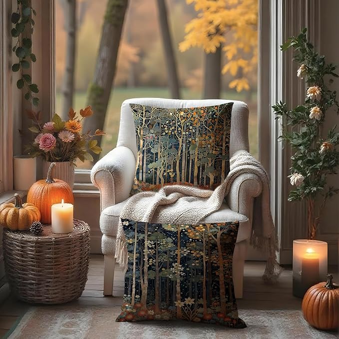 Rustic William Morris Inspired Autumn Forest Pillow Covers 20x20 Set of 2, Fall Home Room Decor, Vintage Botanical NatureDecorative Throw Pillow Covers for Home Bedroom Living Room
