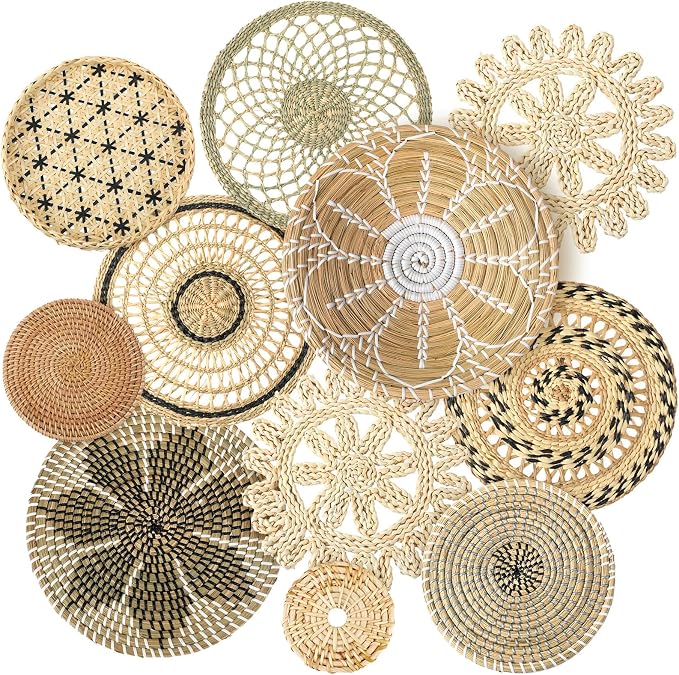 Tatuo 11 Pcs Boho Wall Basket Decor Bulrush Woven Wall Hanging Art Round Farmhouse Rustic Handmade Wicker for Summer Home, Bedroom, Living Room, Kitchen Decorations, Multi Sizes(Vivid)