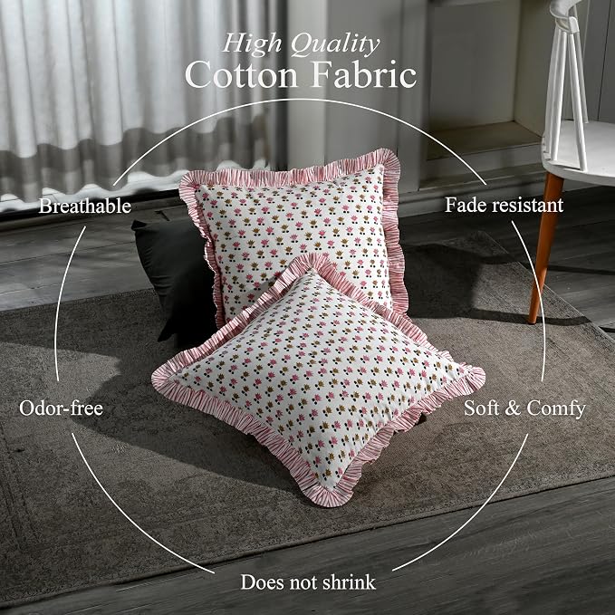 CPC Rosette Bloom Hand Block Print 100% Cotton Ruffle Throw Pillow Cover 20x20 inch with Hidden Zipper Decorative for Couch, Bed, Sofa, Farmhouse, Cottagecore Decor Gift Christmas Fall Thanksgiving