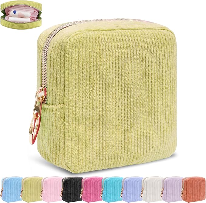 Period Bag for Girls, Corduroy Sanitary Napkin Storage Bag, Period Pouch & Tampon Holder, Feminine Care Organizer（Green）
