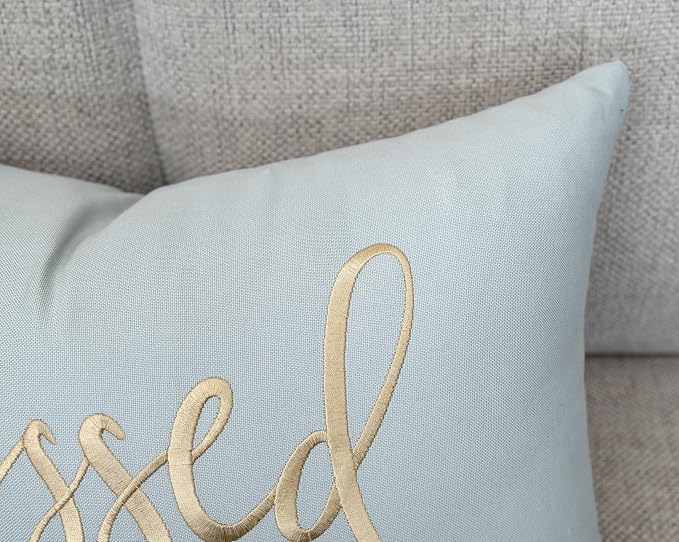 EURASIA DECOR Blessed Embroidered Lumbar Pillow Cover 12x20, Robins Egg | Raised tan script on robins egg; scripture faith gift, cotton, hidden zip, solid back, cover only