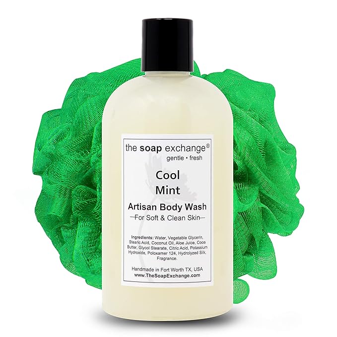 The Soap Exchange Body Wash - Cool Mint Scent - Hand Crafted 12 fl oz / 354 ml Natural Artisan Liquid Soap for Hand, Face & Body, Shower Gel, Cleanse, Moisturize, & Protect. Made in the USA.