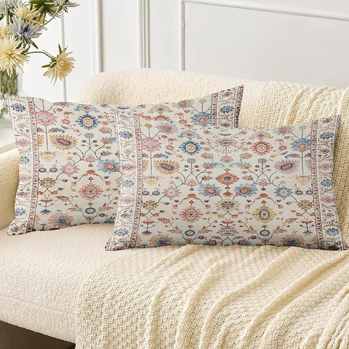 Boho Throw Pillow Covers 12x20 inch Set of 2,Soft Pillowcases Bohemia Carpet Printing Pattern Decorative Sofa Living Room Bed Rectangle Pillow Case Cushion Cover-Flower