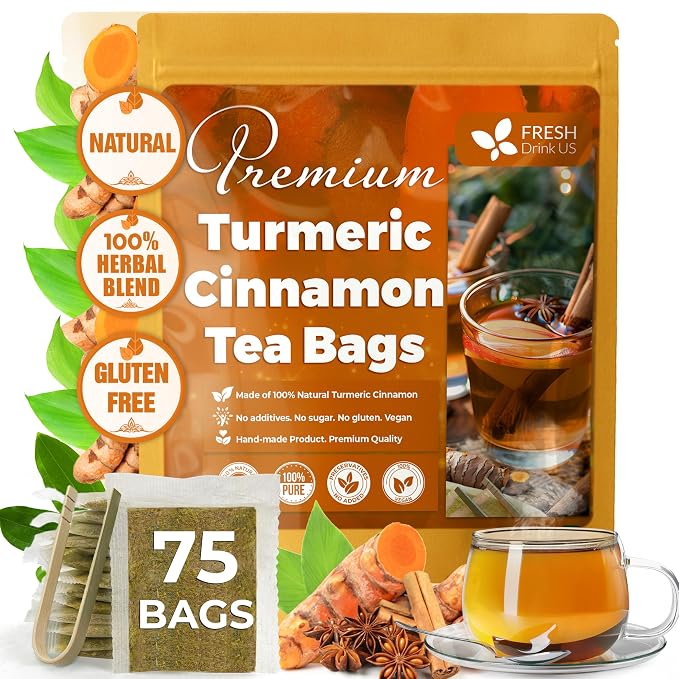 FreshDrinkUS, Premium 75 Turmeric Cinnamon Tea Bags, 100% Natural, Blend of Turmeric, and Cinnamon. Made with Natural Material Tea Bags. No Sugar. No Caffeine. Vegan.