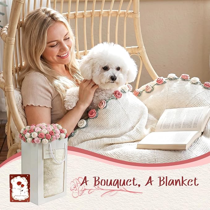 Pink Rose Crochet Flower Bouquet Blanket 43 Inch Throw 60 Rose Flowers | Gift Bag, Writable Card, Machine Washable, Hand-Crocheted Pink Roses, Ready for Birthdays, Holidays, or Anniversaries.