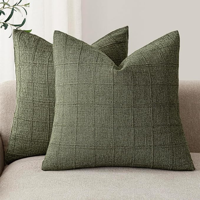Foindtower Set of 2 Decorative Linen Check Throw Pillow Covers Neutral Farmhouse Vintage Cushion Covers Modern Boho Home Decor for Sofa Chair Couch Bedroom Living Room,18×18 Inch,Olive Green