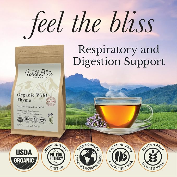 Wild Bliss Organic Wild Breckland Thyme Tea - Caffeine Free Loose Leaf Herbal Tea - Respiratory and Digestion Support - 7.05 Oz - 100 Servings