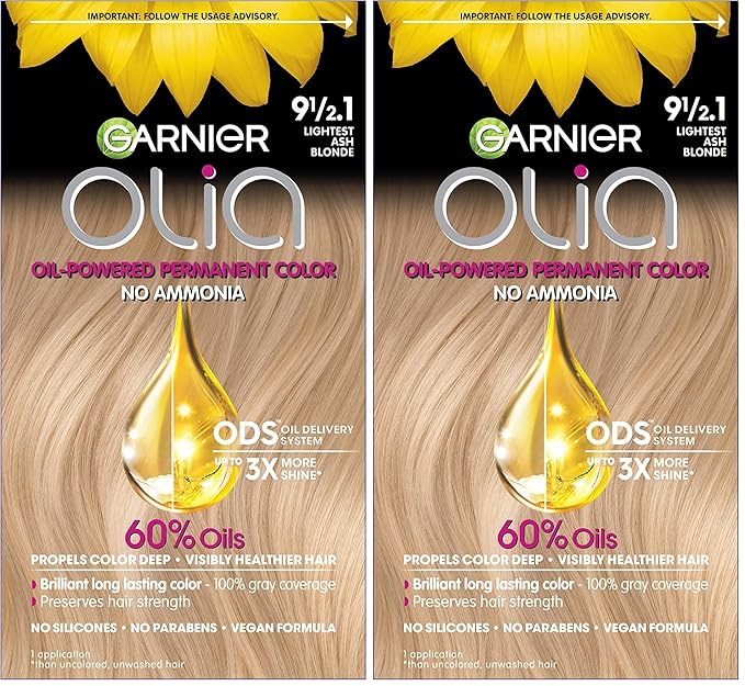 Garnier Hair Color Olia Ammonia-Free Brilliant Color Oil-Rich Permanent Hair Dye, 9 1/2.1 Lightest Ash Blonde, 1 Count (Packaging May Vary) (Pack of 2)