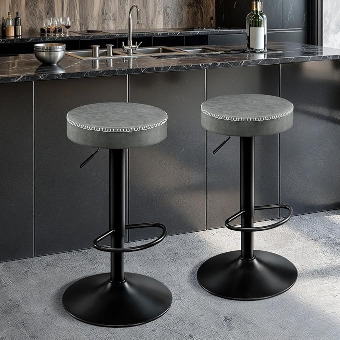 Adjustable Bar Stools Set of 2 Backless Kitchen Barstools with Round Seat 360° Swivel Counter Height Bar Stools Modern Microfiber Leather Bar Chairs for Dining Room Grey (24-33 Inch,330lbs)
