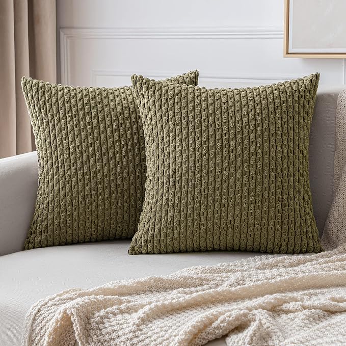 MIULEE Decorative Throw Pillow Covers 18x18 Olive Green Textured Corduroy | Pack of 2 Striped Pillow Covers Modern Farmhouse Coastal Home Decor for Couch Bed Sofa Living Room
