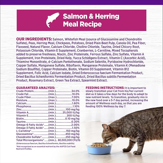Wellness Complete Health Adult Dry Cat Food for Indoor Cats, Natural, Grain Free Kibble, Salmon and Herring Meal Recipe, 11.5 lb Bag