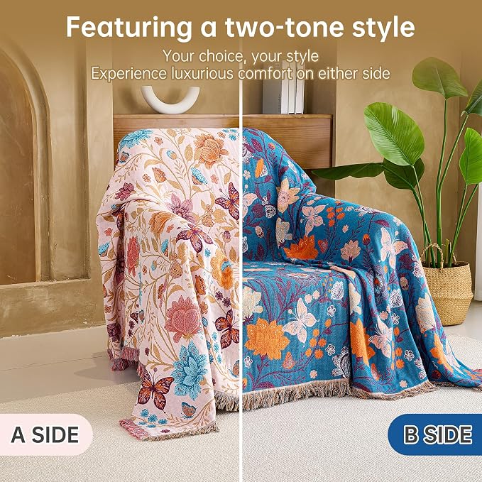 VANJOROY Boho Throw Blanket, 100% Organic Cotton Breathable Ultra Soft 80" x 90" Bed Quilt Throw - All Season Floral Rustic Farmhouse Decor Luxury Reversible Blanket for Sofa Couch Chair and Gift