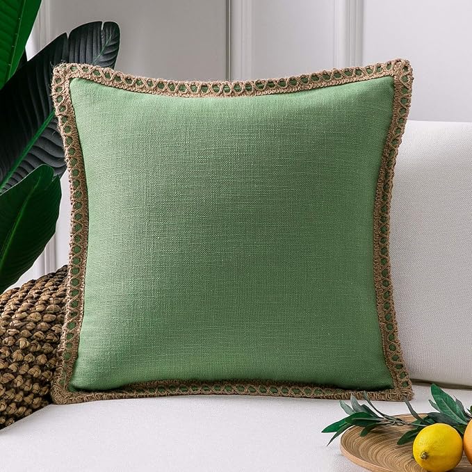 Phantoscope Farmhouse Christmas Solid Throw Decorative Pillow Christmas Cover Burlap Linen Trimmed Tailored Edges Outdoor Pillow Green 20 x 20 inches, 50 x 50 cm, Pack of 1