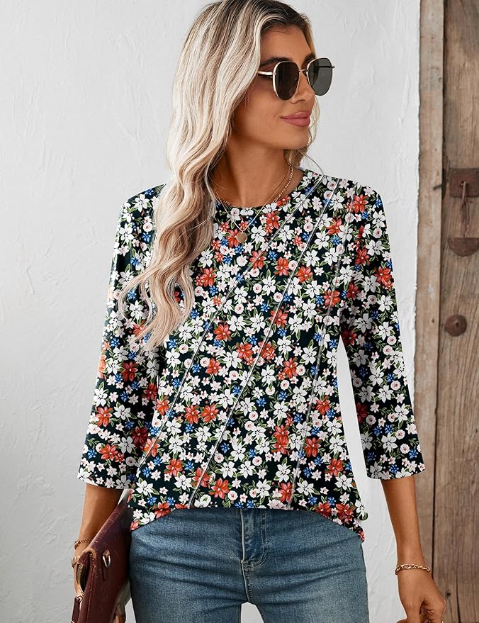 LOMON 3/4 Length Sleeve Womens Tops Spring Summer Fashion 2026 Tops Crew Neck Pleated Shirts Tunic Top Loose Fit