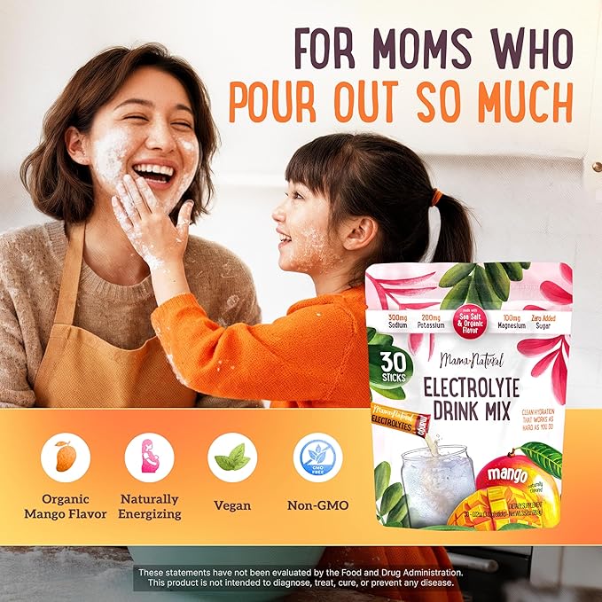 Mama Natural Electrolytes Powder Packets – Instant Hydration with natural Sea Salt, Potassium & Magnesium Glycinate – Sugar Free, Organic Mango Flavor – 30 Travel Sticks for Postpartum & Pregnancy