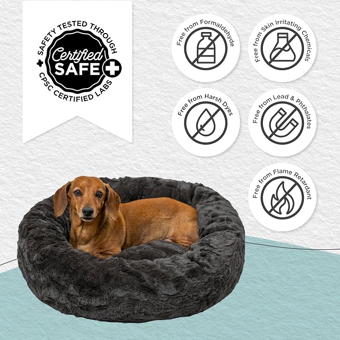 Best Friends by Sheri Original Calming Donut Dog Bed, Mink Dark Gray, 23" | Machine Washable, Lux Faux Fur, Orthopedic Support, Sense of Security, Water-Resistant Base, Small Dogs Up to 25 lbs