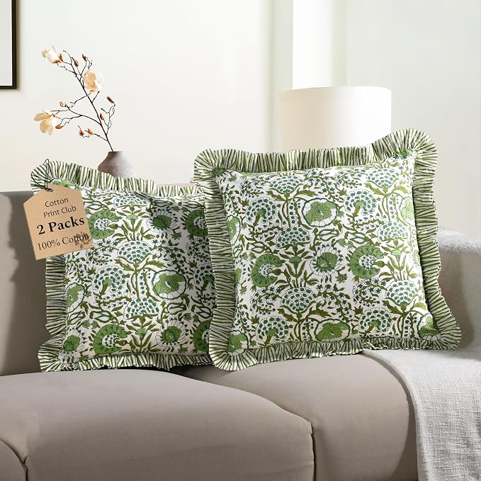 CPC Block Print Ruffle Throw Cover Agate Green 18"x18" Inch Pack of 2-100% Cotton Ruffle Couch Decorative Boho Pillows Case for Living Room, Bedroom, Sofa, Farmhouse Gift for Spring, Mother's Day