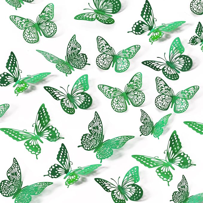 SAOROPEB 3D Butterfly Wall Decor 48 Pcs Dark Green Butterfly Decorations | 4 Styles 3 Sizes, Green Birthday Butterfly Party Decorations Butterfly Cake Decorations, Removable Stickers