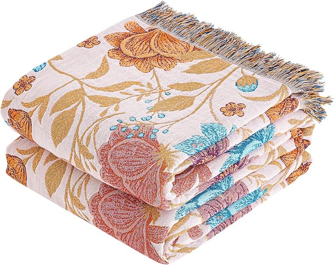 VANJOROY Boho Throw Blanket, 100% Organic Cotton Breathable Ultra Soft 91" x 98" Bed Quilt Throw - All Season Floral Rustic Farmhouse Decor Luxury Reversible Blanket for Sofa Couch Chair and Gift