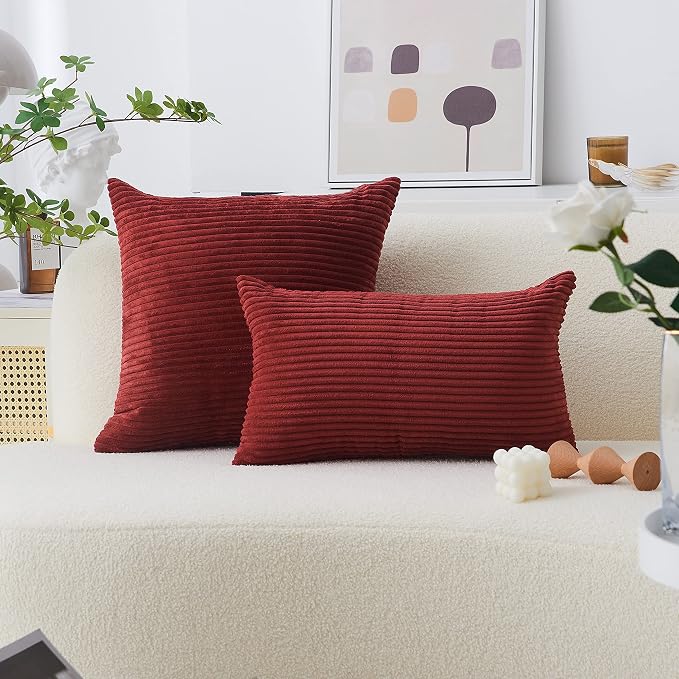 Home Brilliant Solid Corduroy Pillow Cover Red Decorative Vintage Striped Pillow Case 20x20 Plush Throw Pillows for Couch Sofa Hanging Chair, 20 x 20 inch (50cm), Burgundy