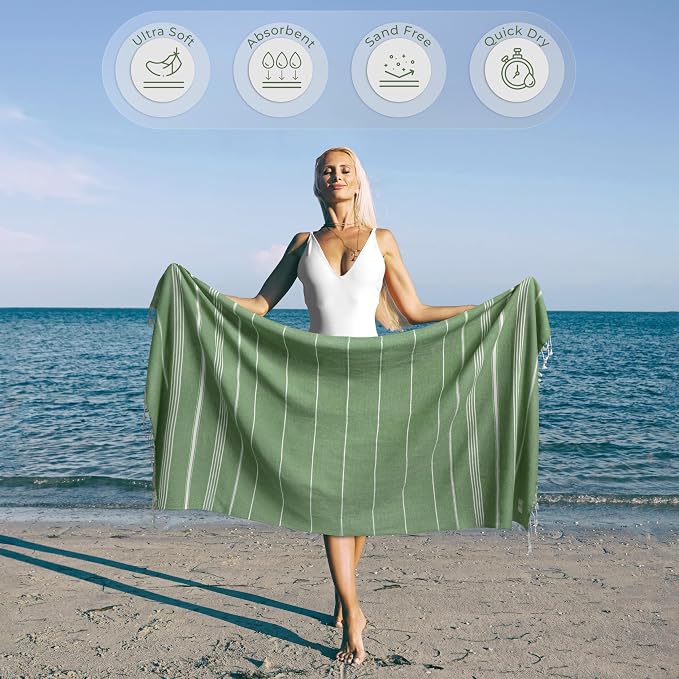 Ossano Turkish Beach Towel Absorbent & Quick Dry Oversized (39" x 71") - Decorative, Versatile and Functional as Yoga Mat, Picnic Blanket, Travel Blanket, Bath, Cruise, Gym Towel - Green