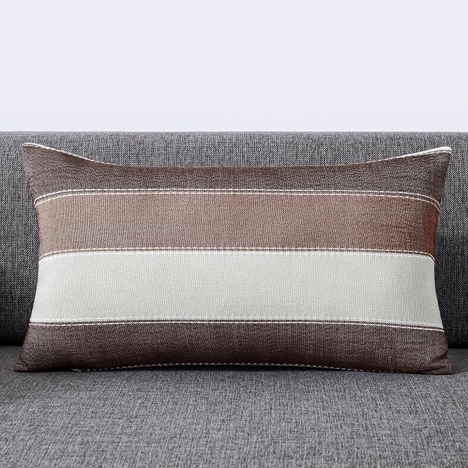 Pack of 2 Farmhouse Stripe Check Throw Pillow Covers Set Case Cotton Linen Decorative Pillowcases Cushion Cover for Couch Bench Sofa 12x20Inch Brown