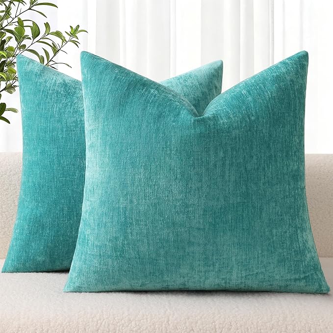 decorUhome Soft Chenille Turquoise Throw Pillow Covers 18X18 Set of 2 | Decorative Fall Couch Pillow Covers Solid Dyed Accent Modern Farmhouse Neutral Square Pillow Cases for Sofa
